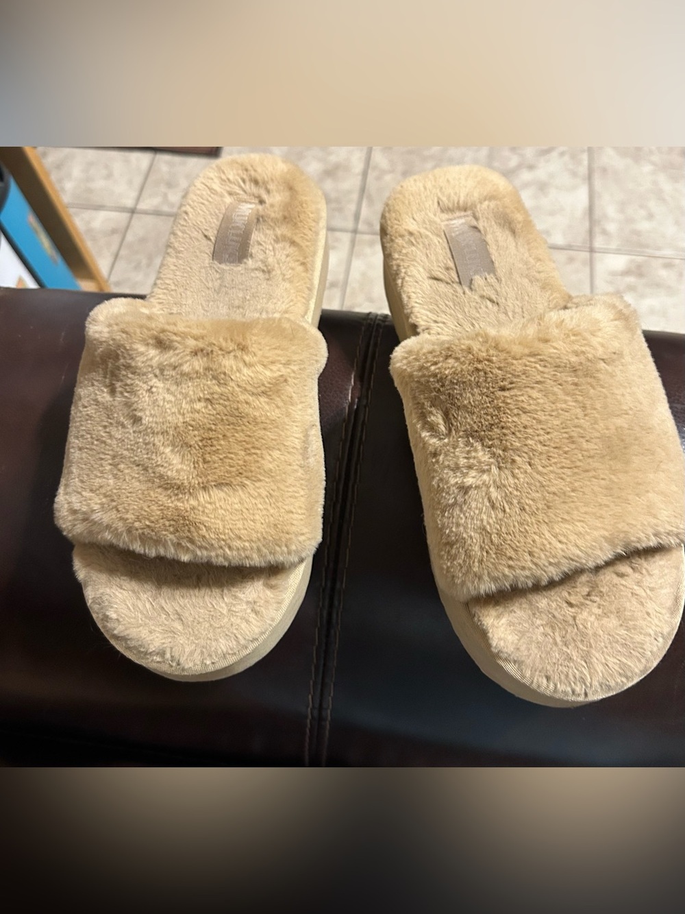 Cozy Mukluks Plush Platform Slide Sandals - Beige